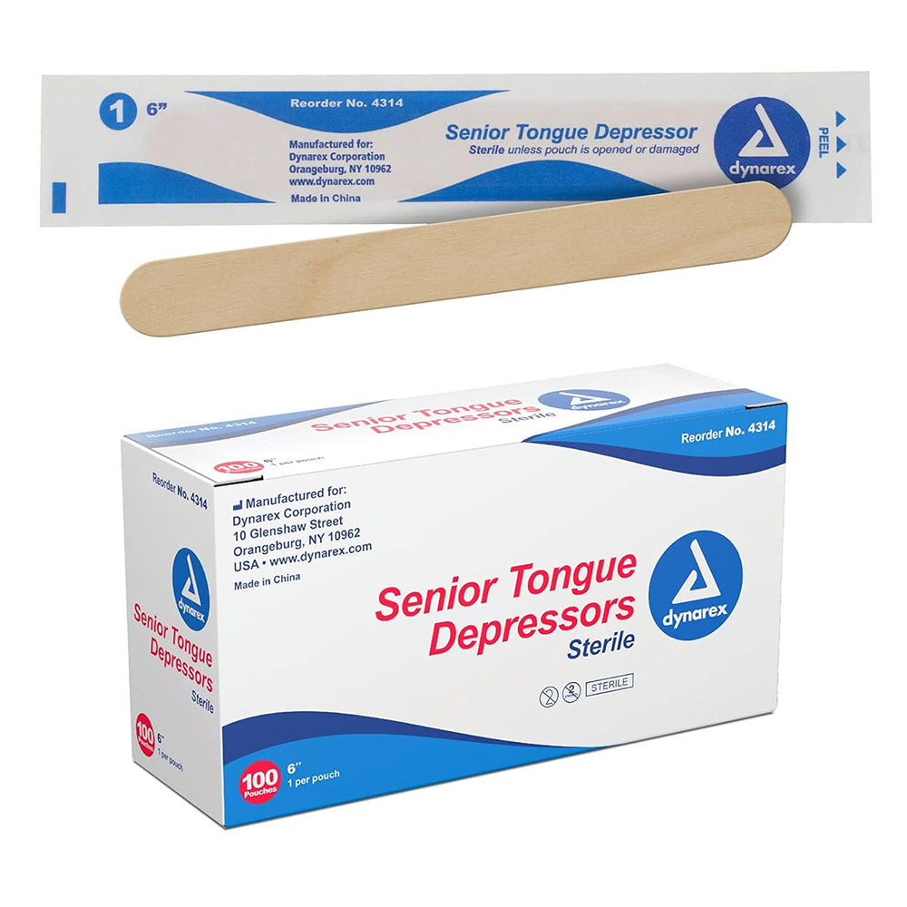 Dynarex Senior Tongue Depressors Sterile 6 Inches for Oral and Throat Examination 100Ea